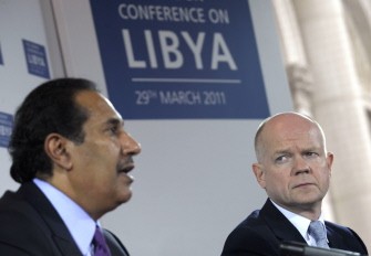 British Foreign Secretary William Hague (R) is seen with Qatar Prime Minister and Minister of Foreign Affairs Sheikh Hamad Bin Jissim during a news conference at the Foreign and Commonwealth office in London, on March 29, 2011. AFP