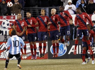 The United States lines up to defend a free kick by Lionel Messi #10 of Argentina, a Barcelona striker, during a friendly match at New Meadowlands Stadium on March 26, 2011 in East Rutherford, New Jersey, USA. AFP