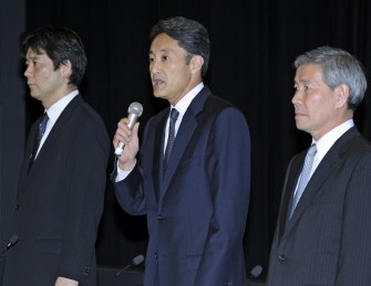 AFP - Sony executive vice president and Sony Computer Entertainment division president, Kazuo Hirai (C), accompanied by the company executives Shiro Kambe (L) and Shinji Hasejima (R), take part in a press conference to apologize for the massive theft of personal data from users of the company's PlayStation Network and Qriocity online services, at the Sony headquarters in Tokyo on May 1, 2011.