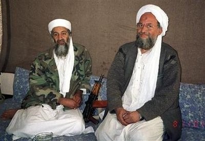 Osama bin Laden (L) sits with his adviser and purported successor Ayman al-Zawahri, an Egyptian linked to the al Qaeda network, during an interview with Pakistani journalist Hamid Mir (not pictured) in an image supplied by the respected Dawn newspaper November 10, 2001.