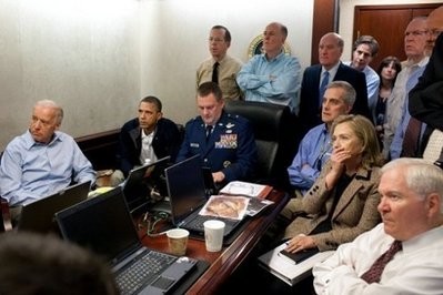 US President Barack Obama and his key national security advisors receive an update on the mission against Osama bin Laden at the White House on May 1