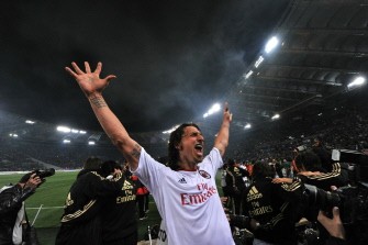 AFP - AC Milan's Swedish forward Zlatan Ibrahimovic celebrates after his team's Italian Serie A football match against AS Roma in Rome's Olympic Stadium on May 7, 2011. AC Milan claimed an 18th Serie A title following a 0-0 draw at Roma on Saturday.