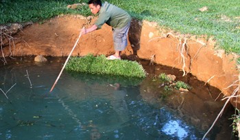 Nguyen Van Thuong measuring the depth of the crater hole in his garden (Photo: Tuoi Tre)