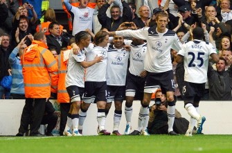 AFP - Tottenham Hotspur's players celebrate the second goal during the match against Liverpool