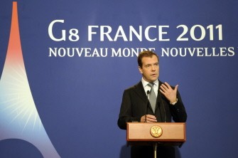 AFP - Russian President Dmitry Medvedev gestures while talking during a press conference at the end of the G8 summit in Deauville, on May 27, 2011.