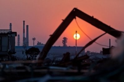 The sun sets in the disaster-hit city of Ishinomaki in Miyagi prefecture