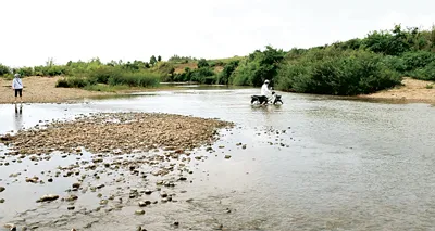Bến đò ông Tương (xã Nghĩa An, huyện Kbang) cạn nước, người dân dễ dàng qua sông