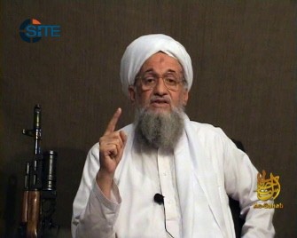 (FILES) This image provided by SITE Intelligence Group shows Ayman al-Zawahiri as he gives a eulogy for fellow al-Qaeda leader Osama bin Laden in a video released on jihadist forums on June 8, 2011.