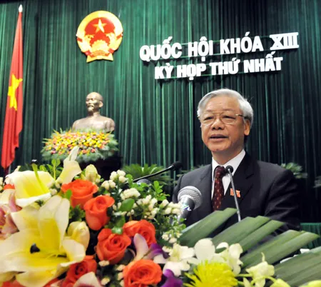 Tổng Bí thư, Chủ tịch Quốc hội Nguyễn Phú Trọng phát biểu tại phiên khai mạc Kỳ họp thứ nhất Quốc hội khóa XIII. Ảnh:MINH ĐIỀN