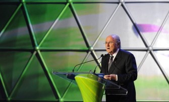 FIFA´s president Joseph Blatter delivers a welcome speech during the Preliminary Draw for the 2014 FIFA World Cup Brazil, on July 30, 2011, at the Marina da Gloria, in Rio de Janeiro, Brazil. AFP