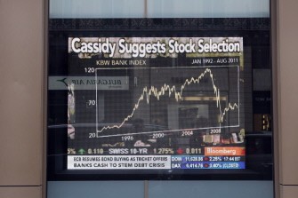 AFP - A picture taken on August 4, 2011 in Paris, shows a screen displaying stock value indicators at the entrance of the Bloomberg media company, which specialized in financial and economic news