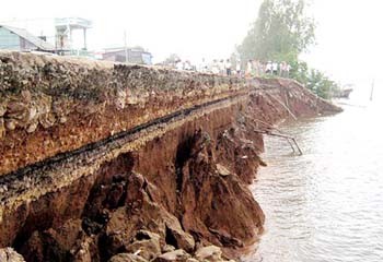 A section of a road slides into the Hau River (Photo: SGGP)