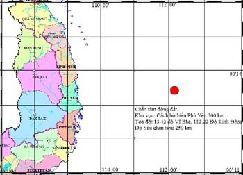 The red dot marks the quake epicenter off Phu Yen Province (Photo: Institute of Earth Physics)