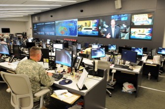 In this image released by the US Army Photo August 27, 2011 shows National Guard members ready to assist eastern seaboard states in the path of Hurricane Irene, the National Guard Coordination Center in Arlington, Va., seen here August 26, 2011