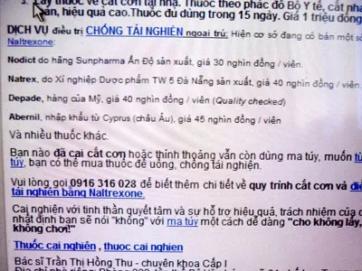 BS Trần Thị Hồng Thu rao bán thuốc cai nghiện, chống tái nghiện với nhiều mức giá.
