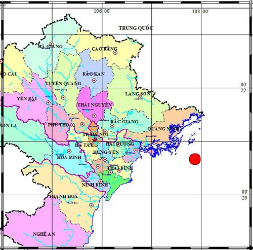 A Vietnam Institute of Geophysics picture shows the position (in red) of an earthquake measuring at 3.3 on the Richter scale on the September 5, 2011 afternoon. The position is 90 km off Halong City.