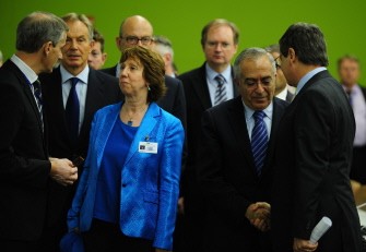 Palestinian prime minister Salam Fayyad (2nd R) meets with Israel's Deputy Foreign Minister Daniel Ayalon (R) as EU foreign policy chief Catherine Ashton (3rd L) and Quartet representative Tony Blair (2nd L) arrive for a meeting of the Ad Hoc Liaison Committee (AHLC), the donor support group for the Palestinians, at the United Nations headquarters in New York September 18, 2011