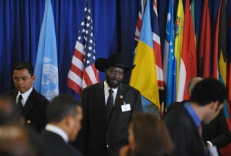 South Sudan President Salva Kiir Mayardit (c) arrives for a luncheon hosted by UN Secretary General Ban Ki-Moon September 21, 2011 at the United Nations in New York City