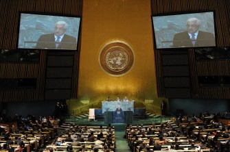 AFP- Mahmoud Abbas, President of the Palestinian Authority, speaks during the United Nations General Assembly on September 23, 2011 at UN headquarters in New York.