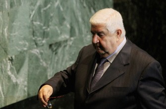 Walid Al-Moualem, Minister of Foreign Affairs for Syria, steps away from the podium after delivering an address to the 66th General Assembly Session at the United Nations on September 26, 2011 in New York City