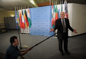 Riyad Mansour, Palestine Ambassador to the United Nations, speaks to the media during Security Council consultations on the Palestinian request for full United Nations membership during the General Assembly September 26, 2011 at UN headquarters in New York