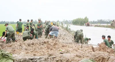 Sáng 28-9 lực lượng bộ đội gia cố tuyến đê ấp Thi Sơn, xã Tân Thành A, huyện Tân Hồng, bảo vệ 360 ha lúa vụ 3 bị lũ đe dọa