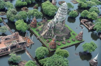 This aerial picture shows a temple surrounded by floodwaters in the ancient capital city of Ayutthaya, north of Bangkok, on October 16, 2011.
