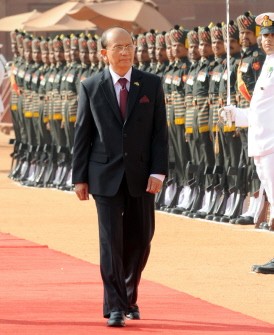 President of Myanmar U Thein Sein inspects the Guard of Honour during a full state welcome at the Presidential palace in New Delhi on October 14, 2011.