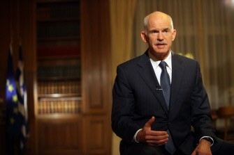 AFP - A hand out picture released by the Greek government shows Greek Prime Minister George Papandreou during his televised national address to the Greek people in Athens on October 27, 2011 on the results of the EU summit.
