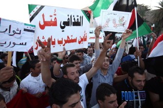 Syrians living in Libya protest against the Syrian regime in Tripoli on October 28, 2011