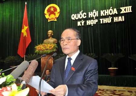 Chủ tịch Quốc hội Nguyễn Sinh Hùng phát biểu khai mạc Kỳ họp. ẢNH: MINH ĐIỀN