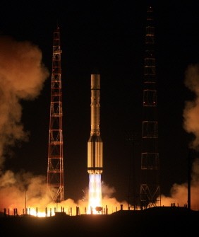 A Russian Proton-M rocket, carrying three Russian Global Navigation Satellite System (GLONASS) M satellites, blasts off from the Russian-leased Baikonur cosmodrome in Kazakhstan on November 4, 2011