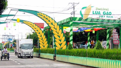 Hung Vuong Street in Soc Trang City, Soc Trang Province is “the rice street” during the 2nd Vietnam Rice Festival (Photo: Huynh Loi)