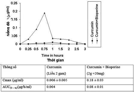 Biểu đồ cho thấy sự kết hợp Curcumin và Bioperine theo đúng tỷ lệ trong sản phẩm sakanti làm tăng khả năng hấp thu của Curcumin lên 20 lần.