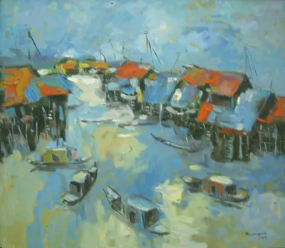 Tác phẩm sơn dầu "Sông nước Nam bộ" của tác giả Ngọc Sương