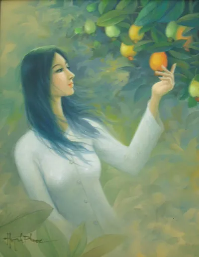 Tác phẩm sơn dầu "Cây trái quê nhà" của tác giả Huỳnh Phước