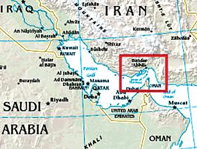 Vị trí eo biển Hormuz (trong khung đỏ lớn) ở vùng Vịnh Persic.