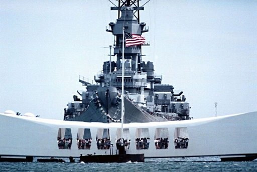 File photo shows the USS Missouri, the ship on which Japan and the US signed surrender documents to end World War II, arriving in Pearl Harbor in 1998. The retired USS Missouri gets screen time in the film Battleship, which opens at the US box office on Friday.