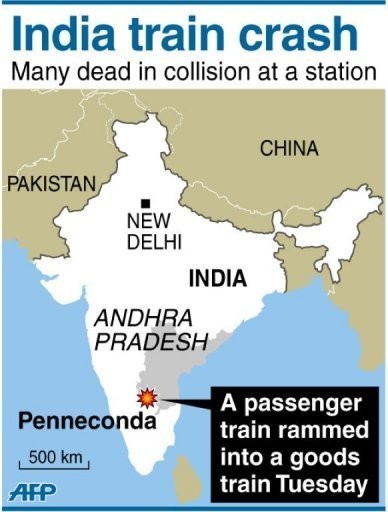 Map showing Penneconda in India where at least 14 people were killed and about 35 injured on Tuesday when a passenger train collided with goods train.