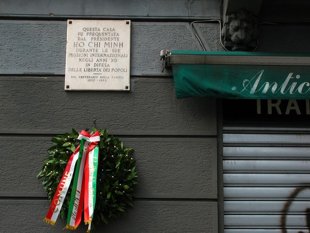 The stone plaque honoring President Ho Chi Minh was installed in 1990 by Milan Authorities.