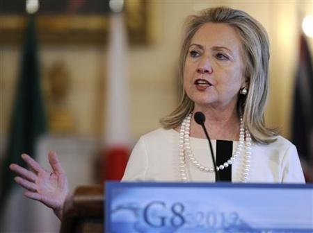 U.S. Secretary of State Hillary Clinton makes remarks during a media availability to discuss the just-concluded G-8 Foreign Ministers Meeting, at the State Dept. in Washington DC, April 12, 2012.