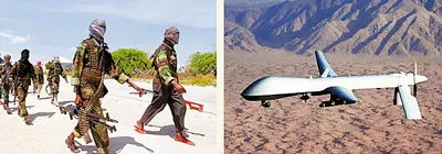 Các tay súng Al Qaeda (trái) trở thành mục tiêu tìm diệt của UAV (phải).