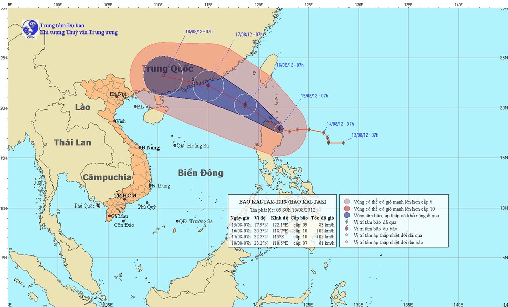 Direction of Typhoon Kaitak on August 15 (Photo: national weather bureau)