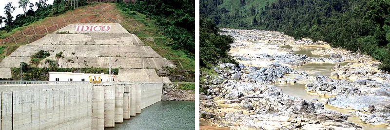 Đập thủy điện Đắk Mi 4 tại Phước Sơn, Quảng Nam (ảnh trái) chặn đầu nguồn khiến sông Đắk Mi trơ đáy (ảnh phải).