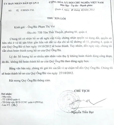 Lá thư xin lỗi bà Phạm Thị Vui của UBND quận 4.