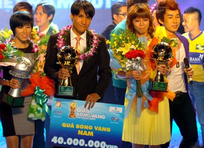 Huynh Quoc Anh, Dang Thi Kieu Trinh with their Golden Ball Awards (Photo: SGGP)