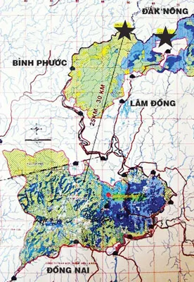Vị trí đánh dấu sao trong bản đồ thuộc vùng lõi VQG Cát Tiên được dự kiến xây dựng Nhà máy thủy điện Đồng Nai 6, 6A.