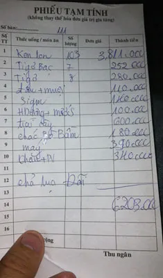 Hóa đơn tính tiền cắt cổ tại quán L.M.D.