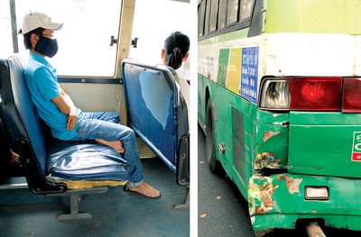 Buses with ragged seats (L) and broken parts (R) still ply in the streets. (Photo: SGGP)