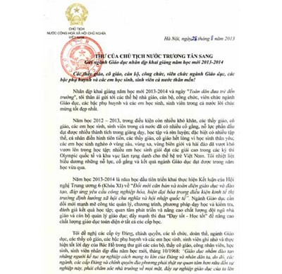 President Truong Tan Sang's letter to education sector on occasion of start of the new academic year nationwide